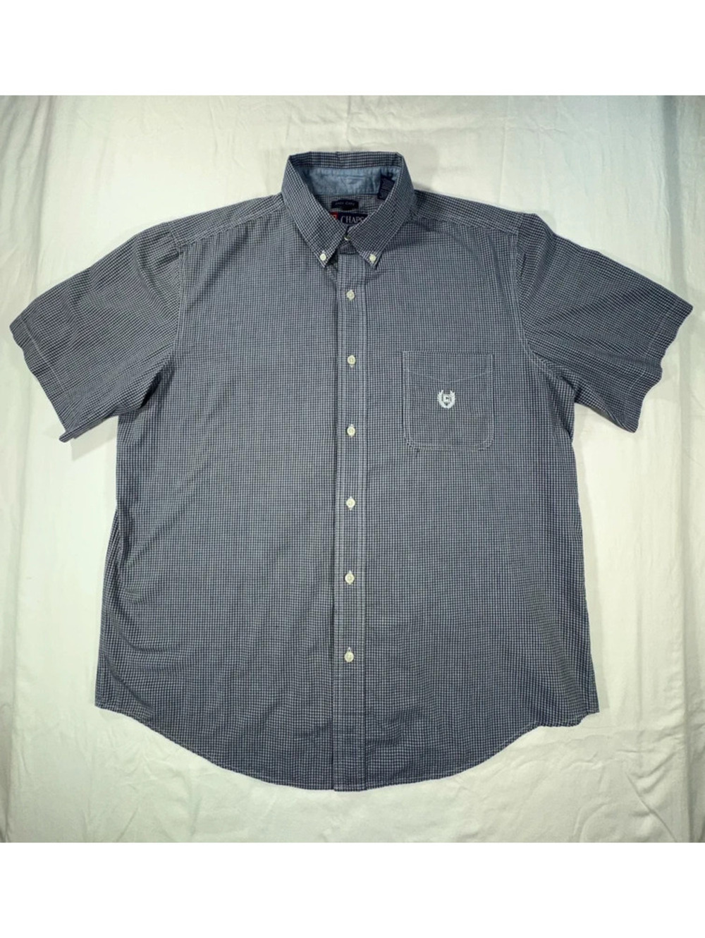 CHAPS Men's Short Sleeve Button Down Shirt XL Blue White Checkered Easy Care